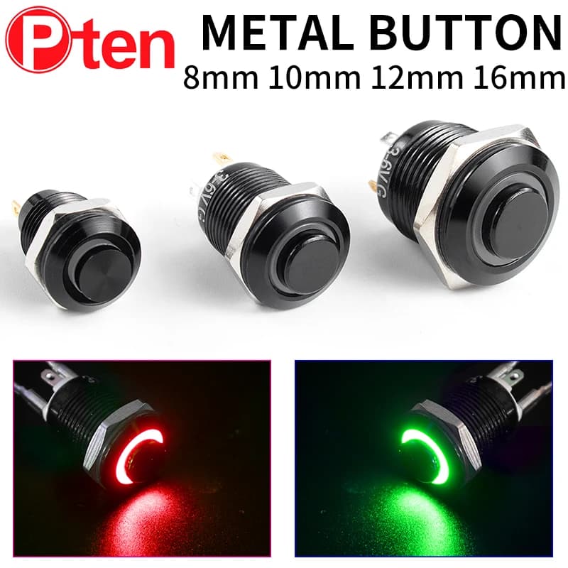1NO Interruttore a pulsante in metallo impermeabile a testa alta Luce a LED autobloccante/reset 3/6/12/24/220V 8/10/12/16mm Nero ossidato