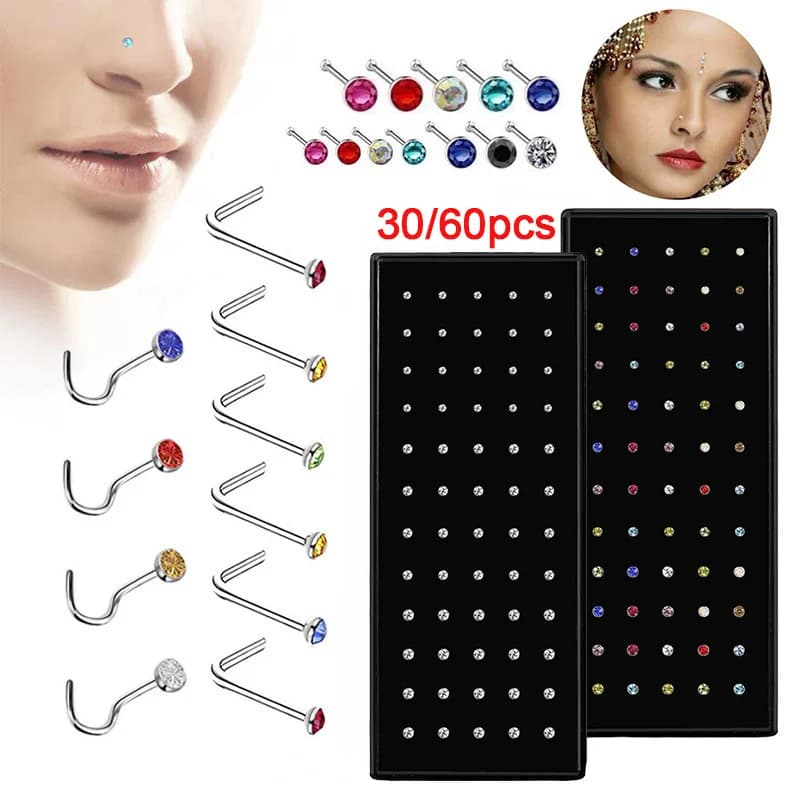 L Shape Stainless Steel Crystal Nose Ring Set Women Surgical Steel Nose Piercing Set ear bone needle Studs Body Jewelry