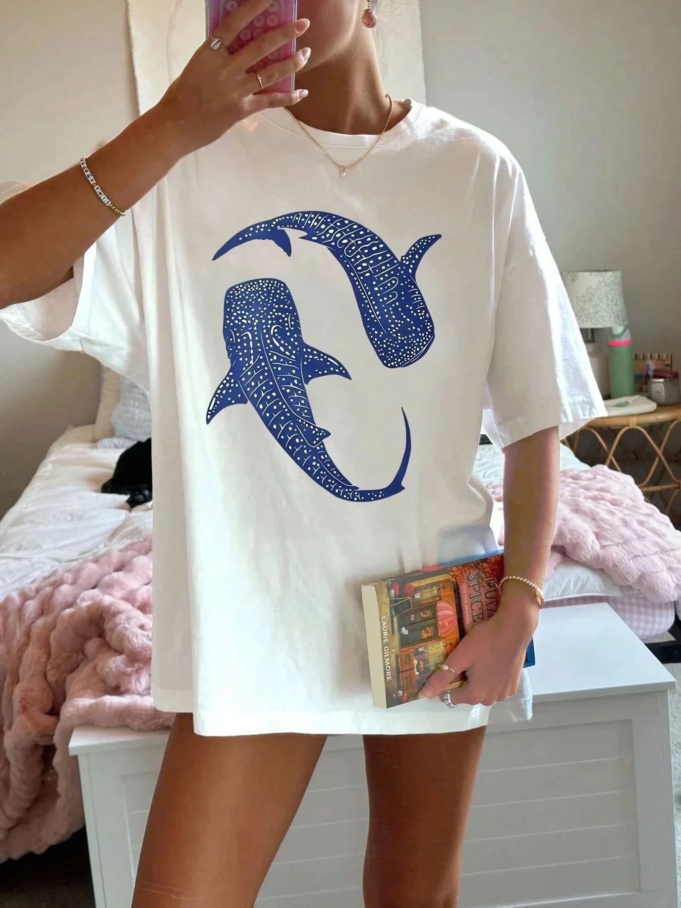 T-shirt con stampa semplice squalo balena blu T-shirt estiva da donna in cotone T-shirt oversize comoda con o-collo Abbigliamento casual da donna