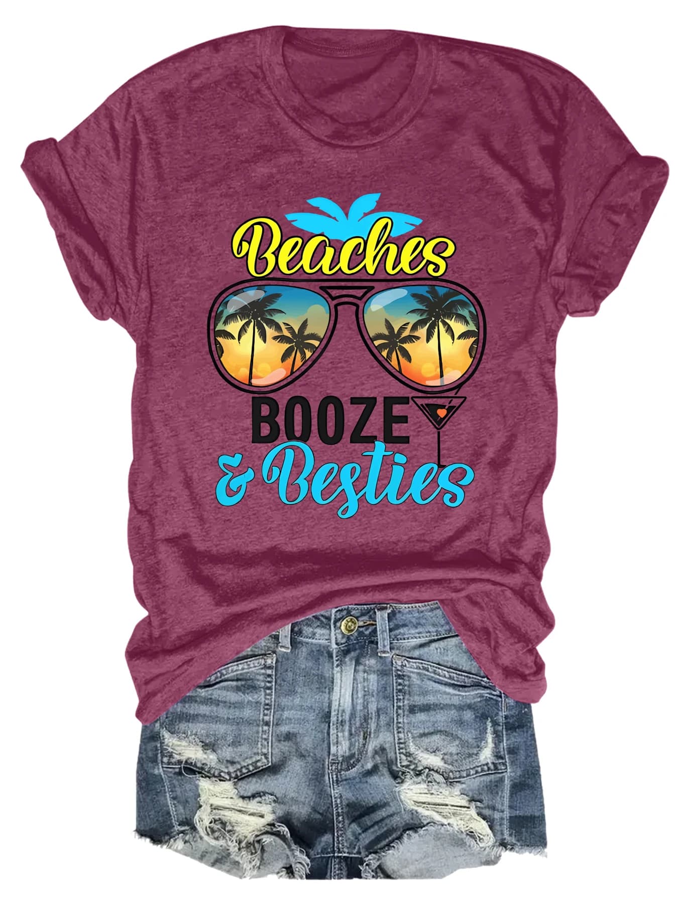 Plus size women's short sleeve T-shirt Beaches Booze Besties Palm Trees comfortable soft fabric summer outfit women's clothing