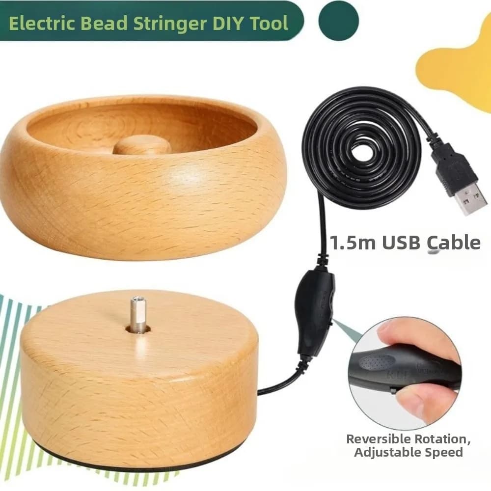Easy Rotation Wooden Bead Spinner Automatic Speed Solid Wood Bead Loader Spinner with Needle Wooden Bead Stringing Tool
