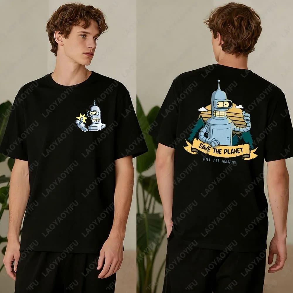 T-shirt in cotone unisex con grafica Futurama Bender Save The Planet, abbigliamento casual estivo, regalo per fan della cultura pop, streetwear alla moda