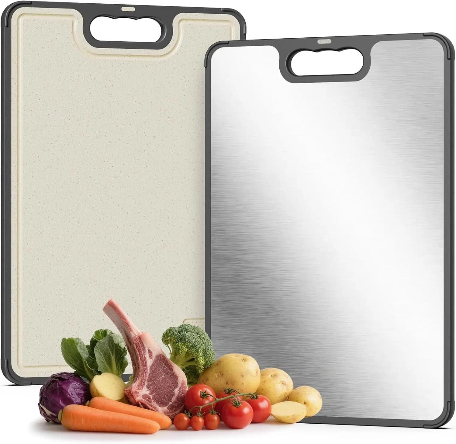 Tagliere Bifacciale per Cucina - Tagliere in Acciaio Inossidabile con Lato in Paglia di Grano, Tagliere Non Tossico con Scanalatura per Succhi, Tritatutto per Aglio e Design Antiscivolo, 14.5 X 10.0"
