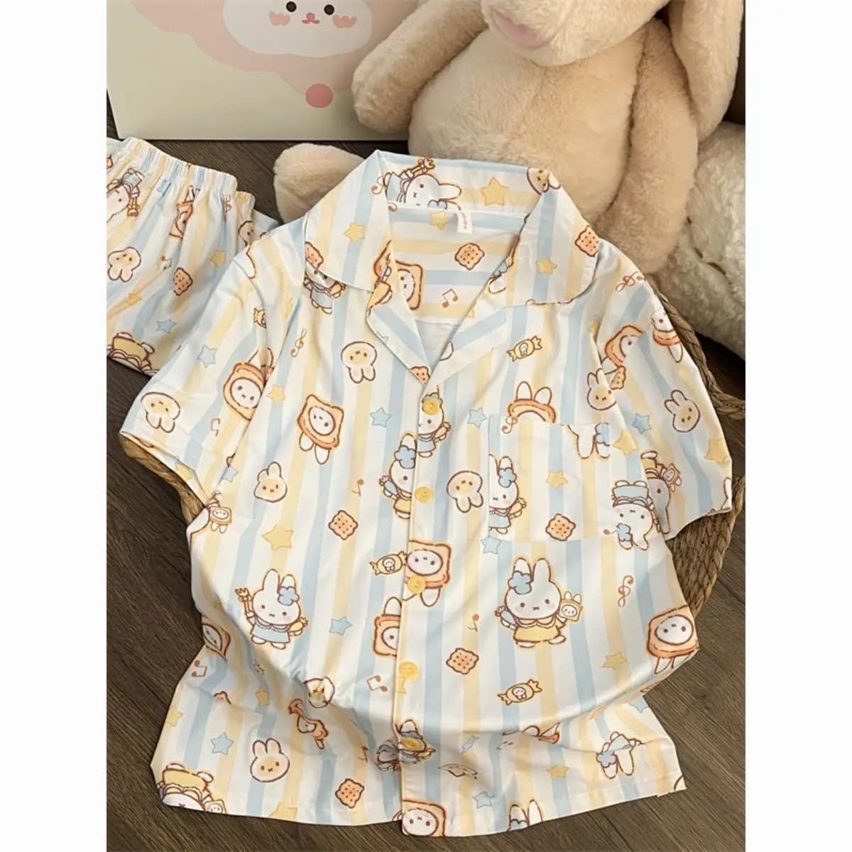 Licensed Miffy Kawaii Cartoon Cookie Print Blue Yellow Striped Short Sleeve Pajama Set Women Summer Wearable Home Loungewear