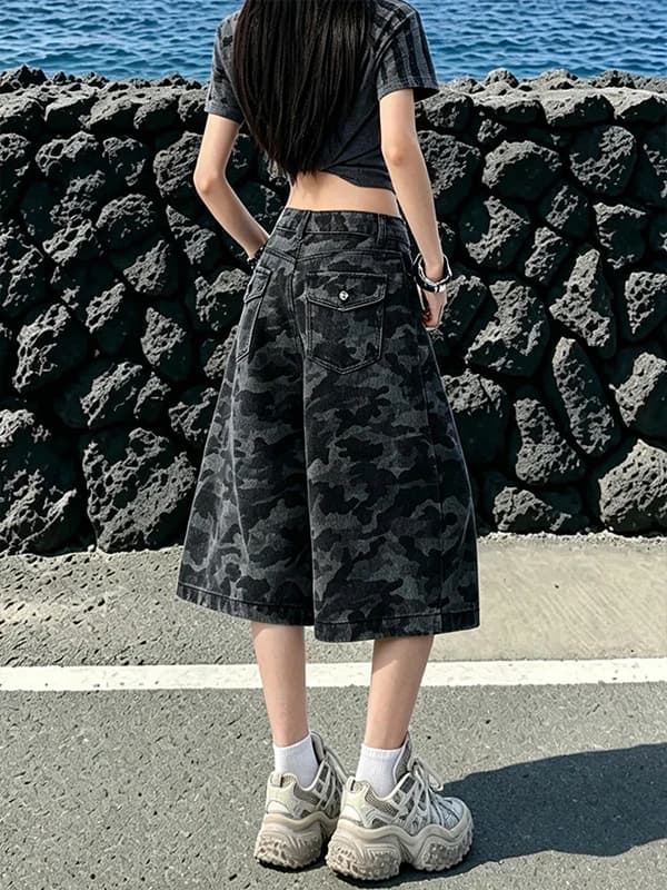 American Camouflage Wide Leg Seven-Foot Women's Jeans Summer Loose Slim High Waist Straight Workwear Mid-Length Pants