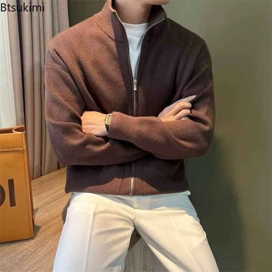 High Quality Men's Solid Zipper Casual Sweater Cardigan Autumn Winter England Style Stand Collar Versatile Knitted Sweater Coats