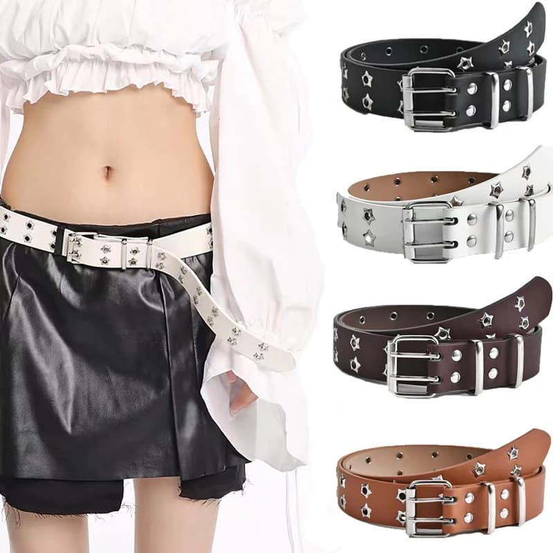 Moda Uomo Donna Cintura a catena stile punk Cintura regolabile con stella cava Doppio petto Fibbia in metallo Cintura jeans in pelle