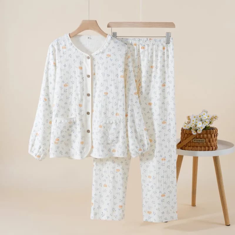2025 Pastoral Pure Cotton Double-layer Gauze Pajamas Women's Spring Lace Round Neck Long Sleeve Trousers Thin Loungewear Set