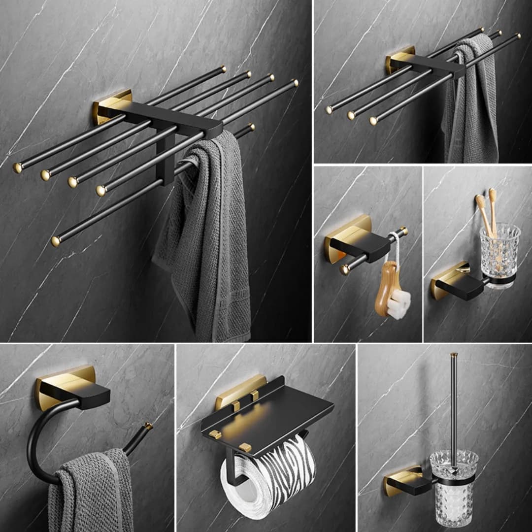 Accessori da bagno in ottone Mensola da bagno in oro spazzolato, portasciugamani, porta asciugamani, porta carta, porta scopino, accessori da bagno