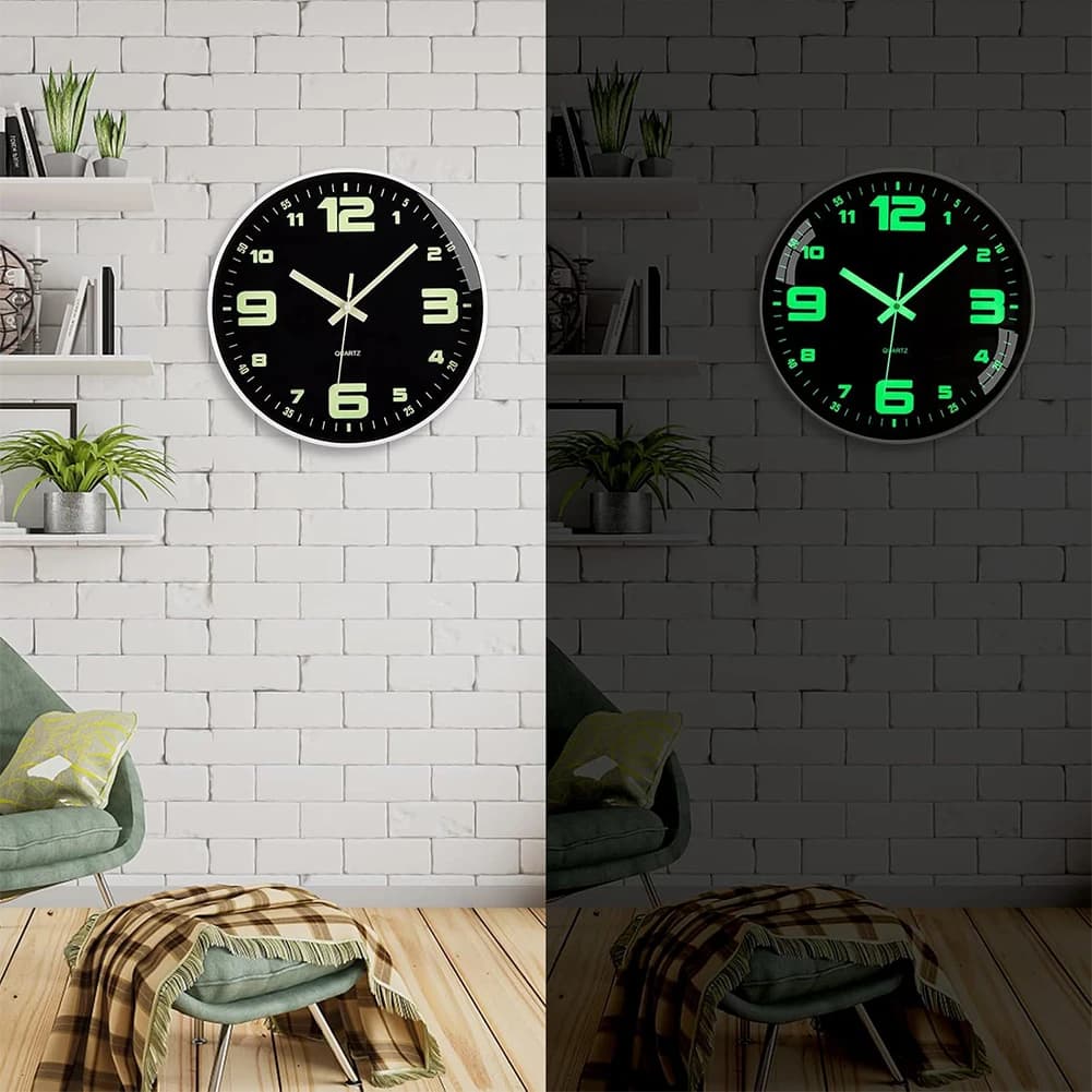Orologi da parete luminosi da 8 pollici che si illuminano al buio, a batteria, silenziosi, senza ticchettio, per l'arredamento di soggiorno e camera da letto