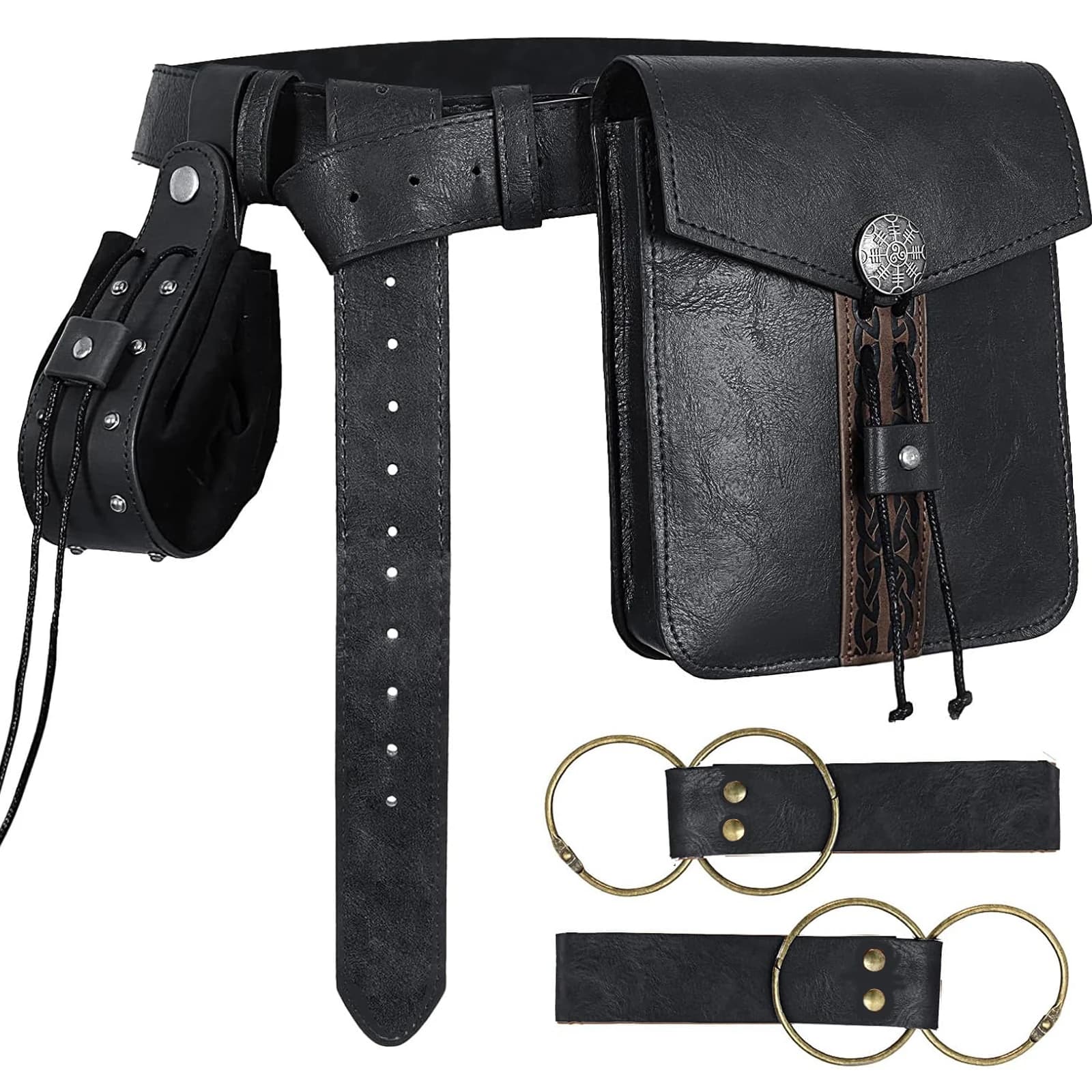 Black Medieval Retro Leather Set Leather Belt with Flap Waist Bag Drawstring Coin Purse Skirt Clips Renaissance Costume Accessories Cosplay Props