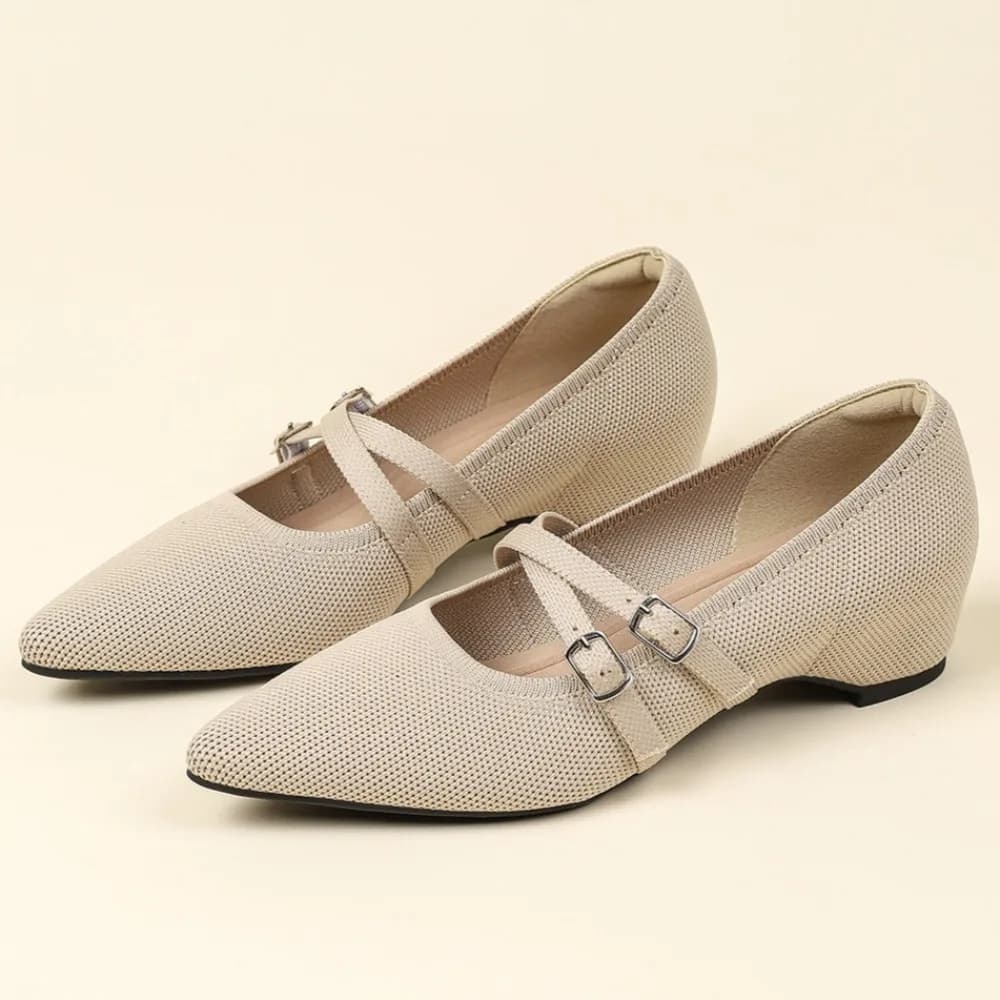Scarpe da Donna in Maglia a Punta con Fibbia Mary Jane, Tacco Basso, Comode, con Rialzo Interno