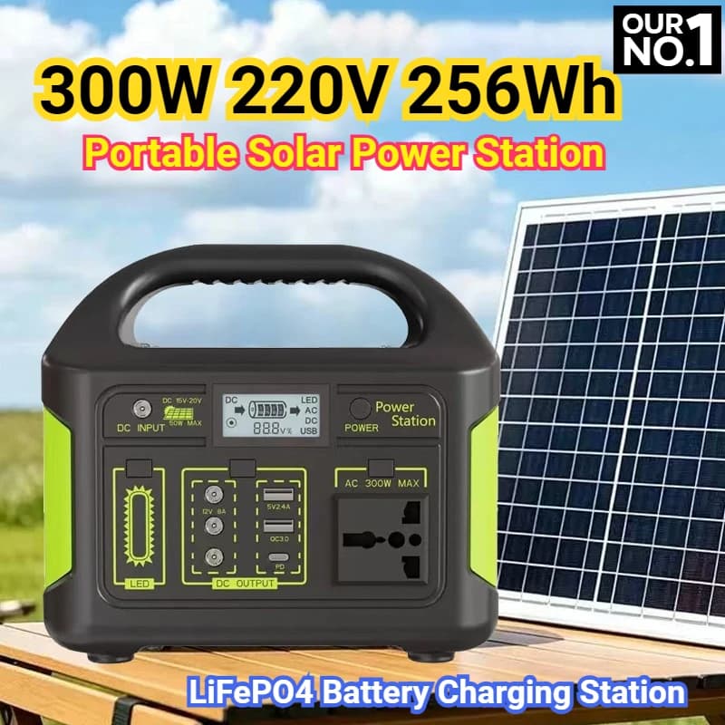 Stazione di alimentazione portatile da 300W, generatore solare 220V, batteria LiFePO4 da 256Wh, stazione di ricarica e accumulo di energia per camper e campeggio