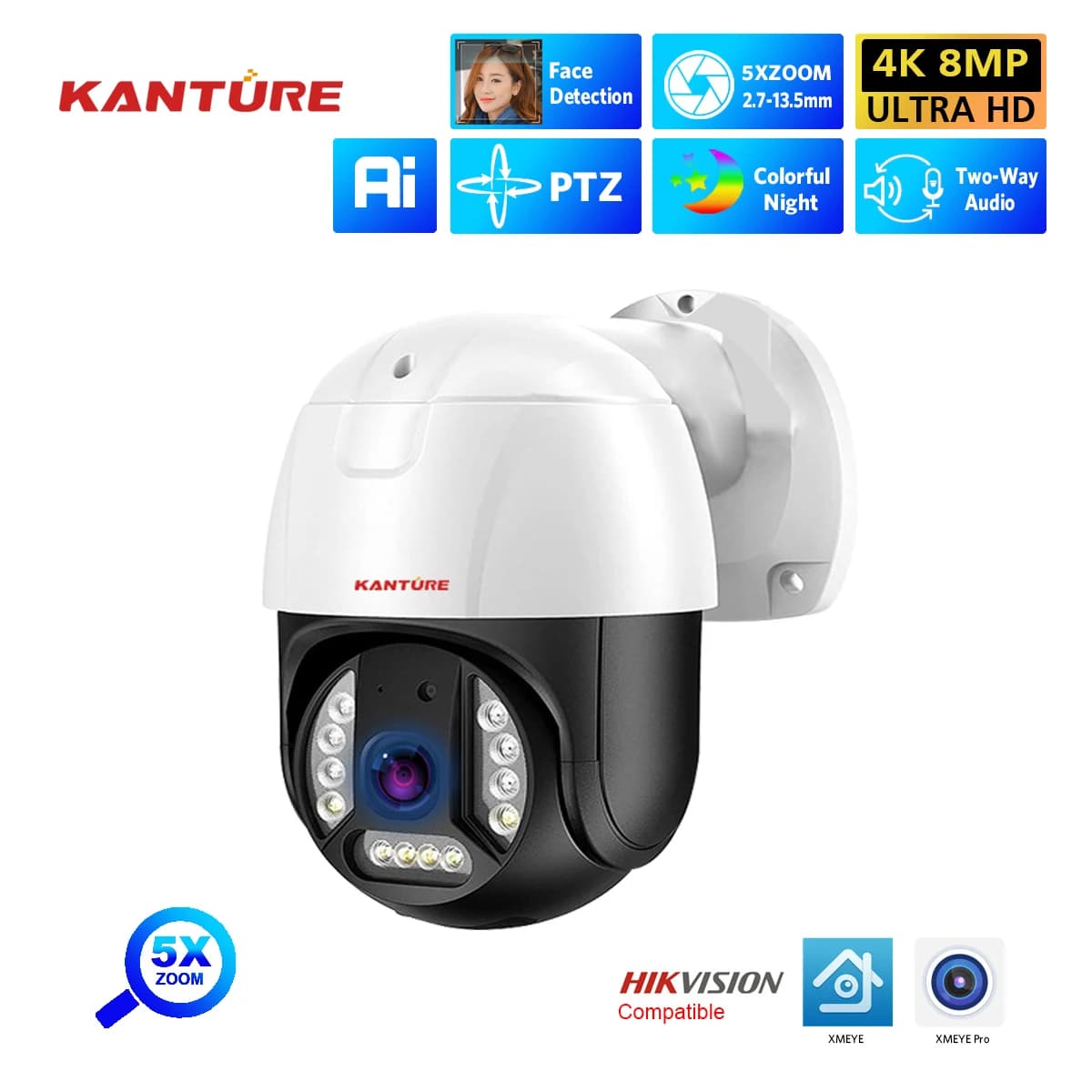 XMEYE 4K security camera PTZ 8MP 5X Zoom optical 2.7mm-13.5mm Ai Face Detection Set of outdoor waterproof video surveillance cameras