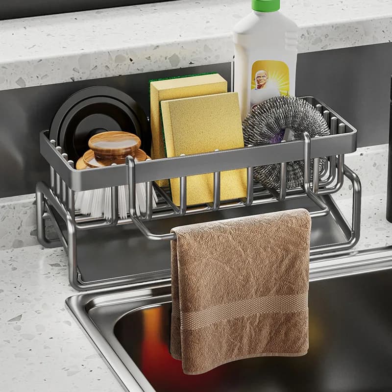 Organizzatore per Lavello da Cucina, Portaspugna Multifunzionale da Piano di Lavoro con Dispenser di Sapone e Scolapiatti per Piatti, Utensili, Asciugamani