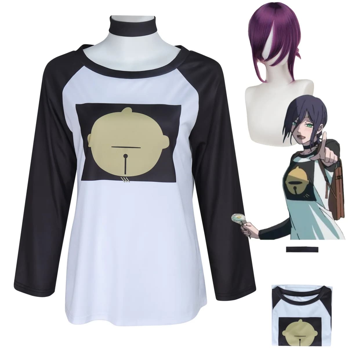Costume Cosplay di Reze dal Film Anime Chainsaw Man: T-shirt Nera a Maniche Lunghe con Dettagli, Parrucca, Set per Uomo e Donna per Uso Quotidiano e Tempo Libero
