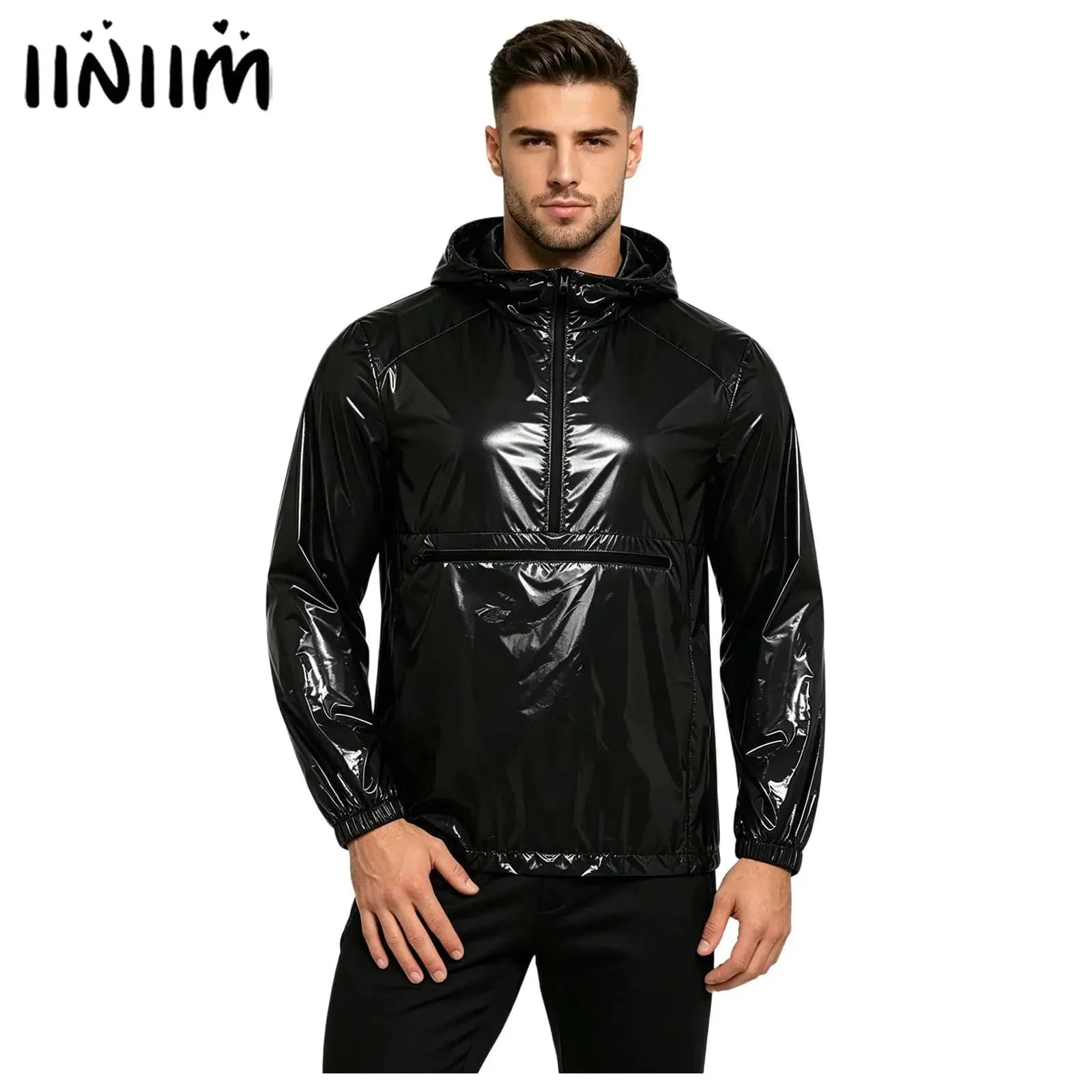 Mens Shiny Half Zip Hooded Windproof Jacket Tops Waterproof Sweatshirt Front Pocket with Zipper Long Sleeve Hoodie Raincoat