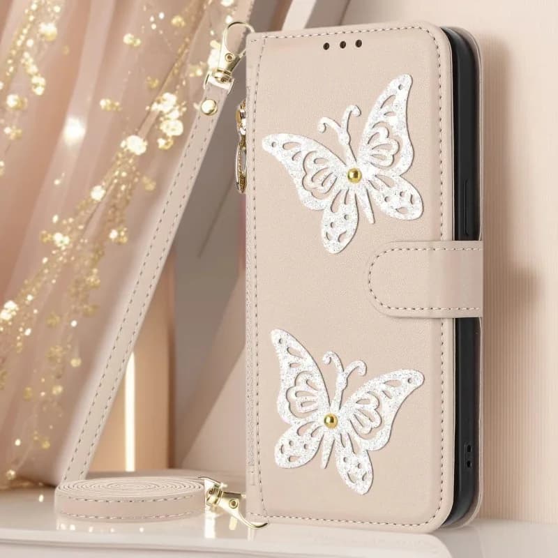 Applicable to Apple 18 Promax zipper wallet, iPhone glitter butterfly phone case, 17 flip cover, 16 cross-body protection sleeve