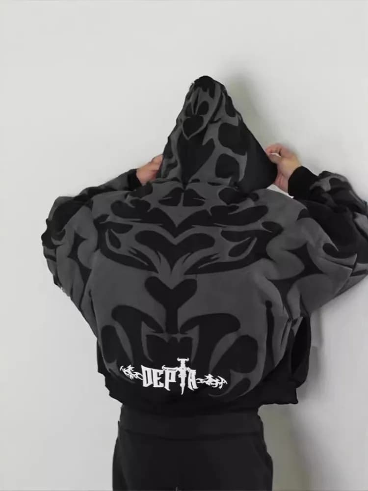 Felpa con cappuccio da uomo con cerniera stile distruttivo punk High Street Fashion Felpa casual con design a baffo ricamato multitasche Autunno