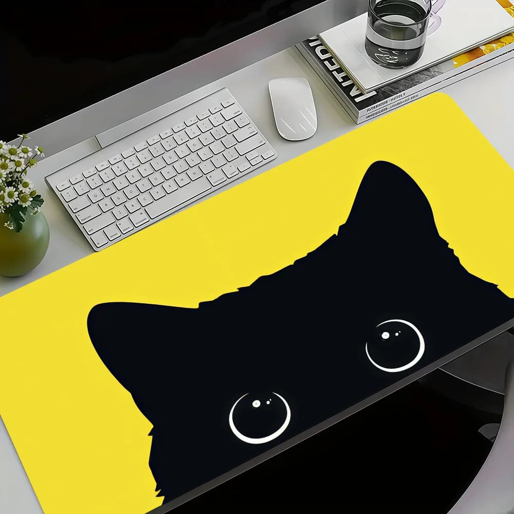 Tappetino per mouse con gatto nero e gatto giallo, antiscivolo, ispessito, grande, con bordo cucito, per gaming, ufficio e studenti