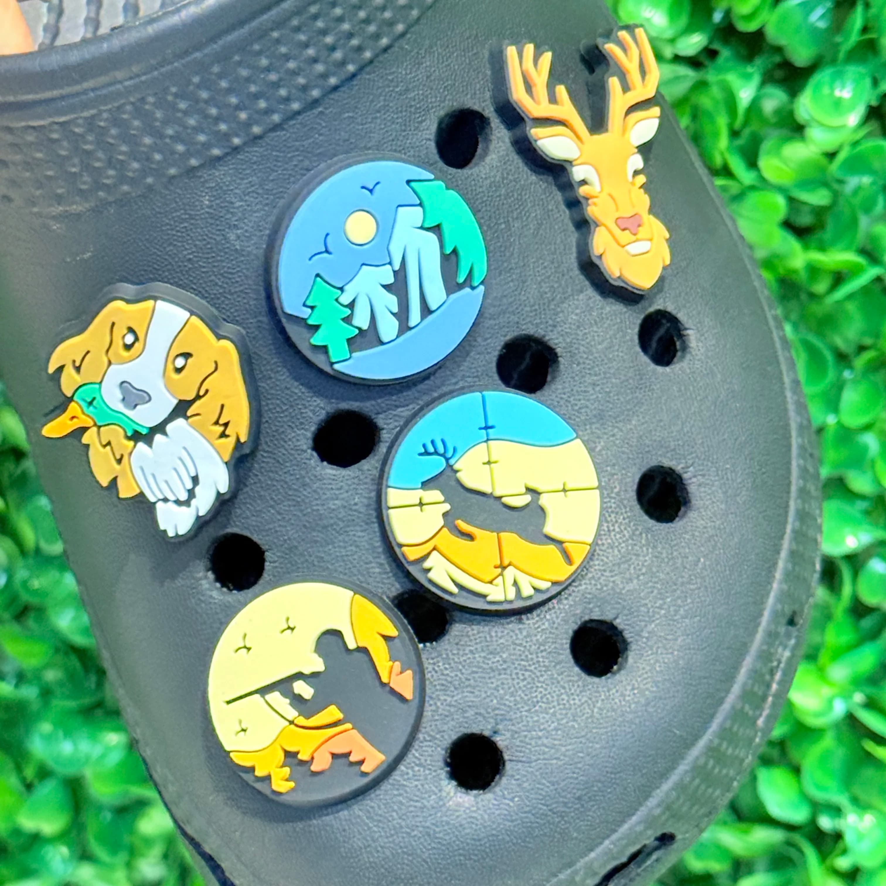 1-13Pcs Shotgun Dog Bear Hunter PVC Slipper Buckle Accessories Hunting Man Shoe Charms Fit Cool Holiday Gifts