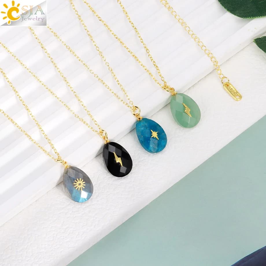 CSJA Natural Stone Water Drop Necklace for Women Faced Crystal Pendant Gold Color Stainless Steel Chain Necklaces Jewelry S972