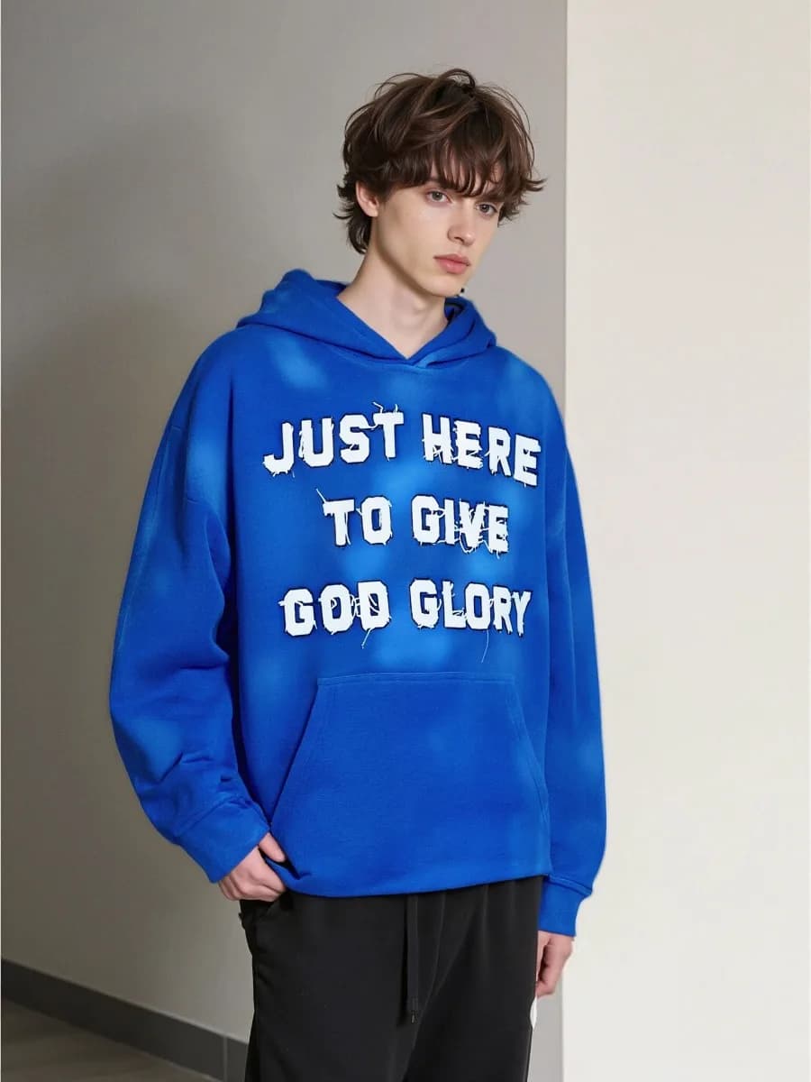Felpa con cappuccio stampata con lettera da uomo "Just Here To Give God Glory" Felpa con cappuccio ampia stampata alla moda hip-hop da strada