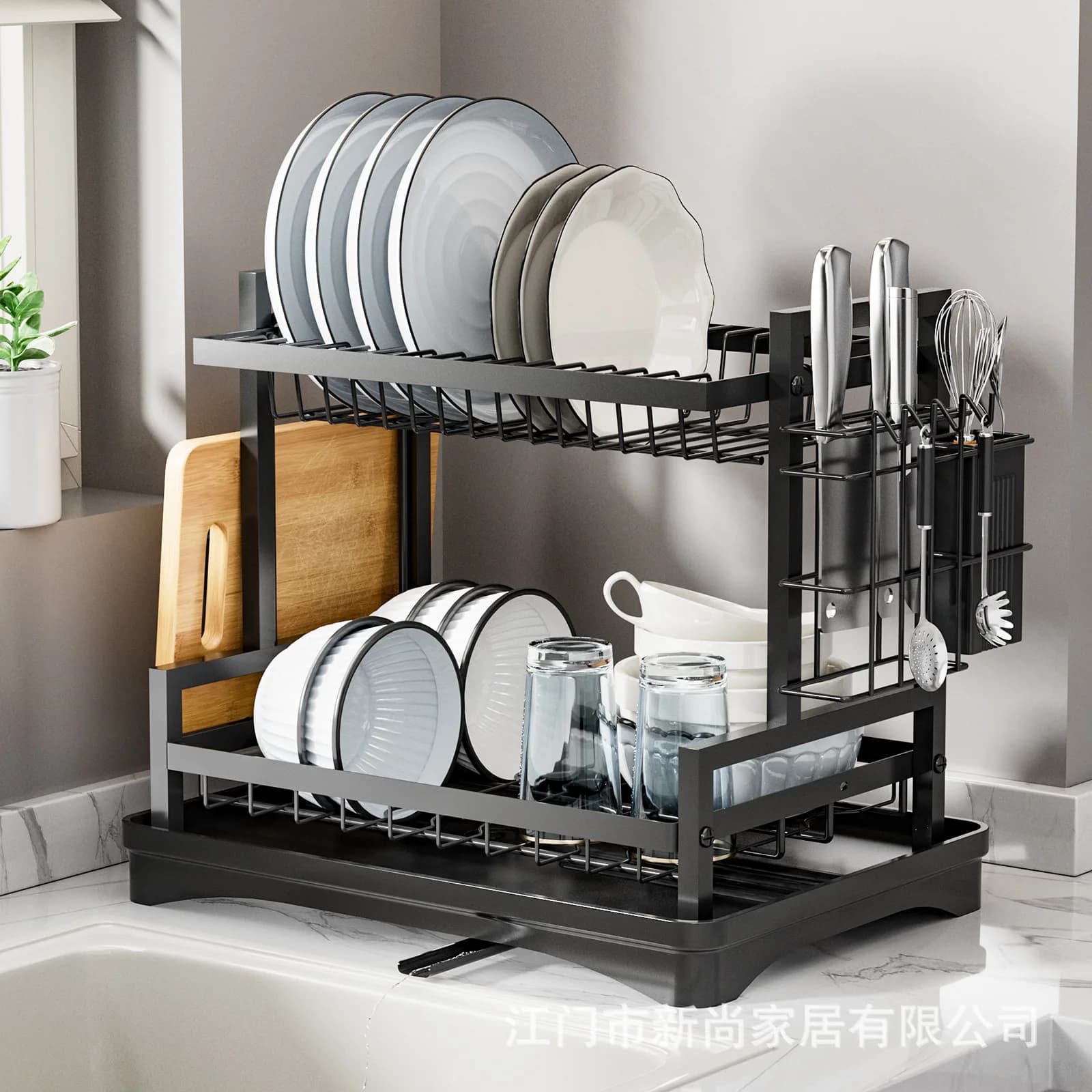2 Tier Dish Drying Rack Kitchen Bowl Drainer Storage Rack Tableware Drain Chopsticks Knife Fork Water Cup Storage Holder 2 Tier
