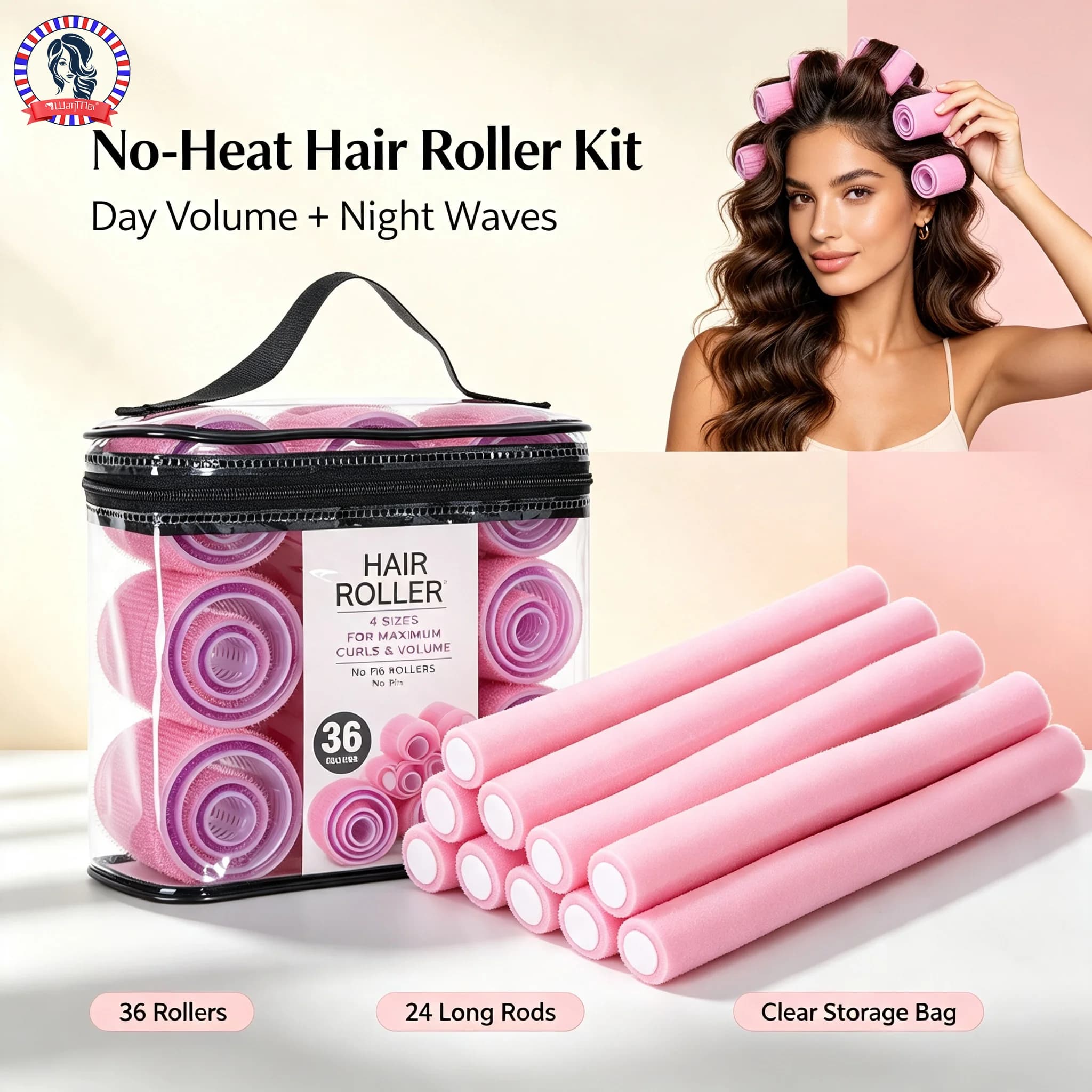 WANMEI No‑Heat Foam Hair Roller Kit 60‑Pack, Overnight Sleep In Hair Curlers With 4 Different Sizes, Long Soft Hair Rods For Natural Waves And Volume, Reusable Hair Styling Tools With Clear Portable Storage Bag For Home Daily Use