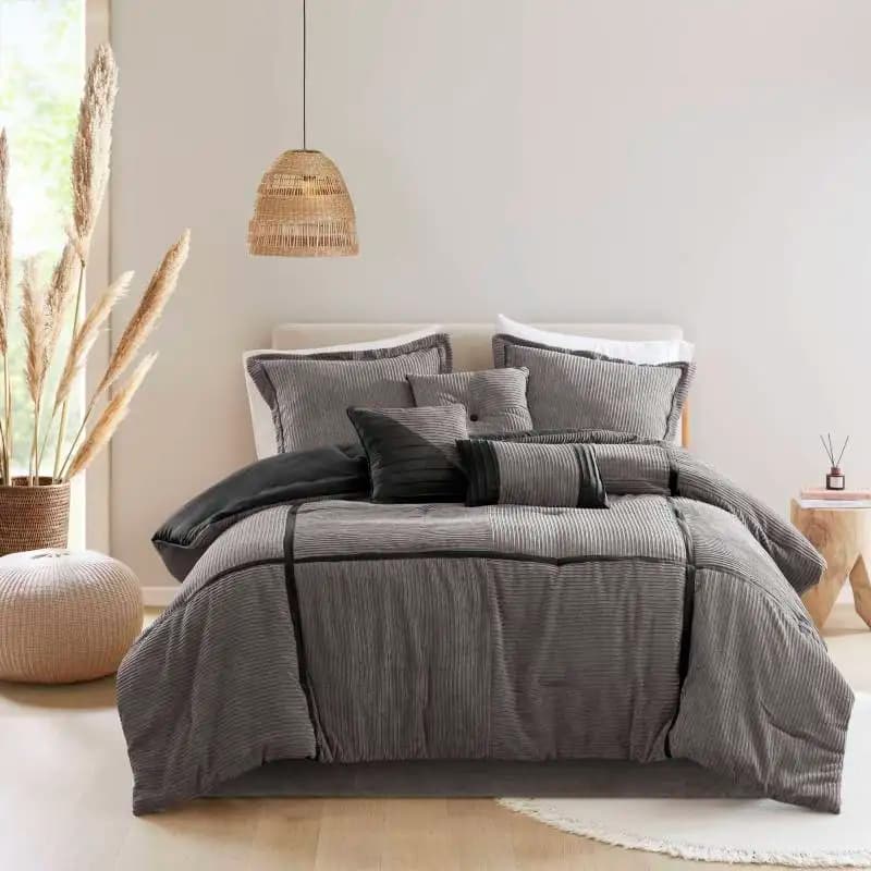 7 Piece Micro Corduroy Comforter Set Grey King