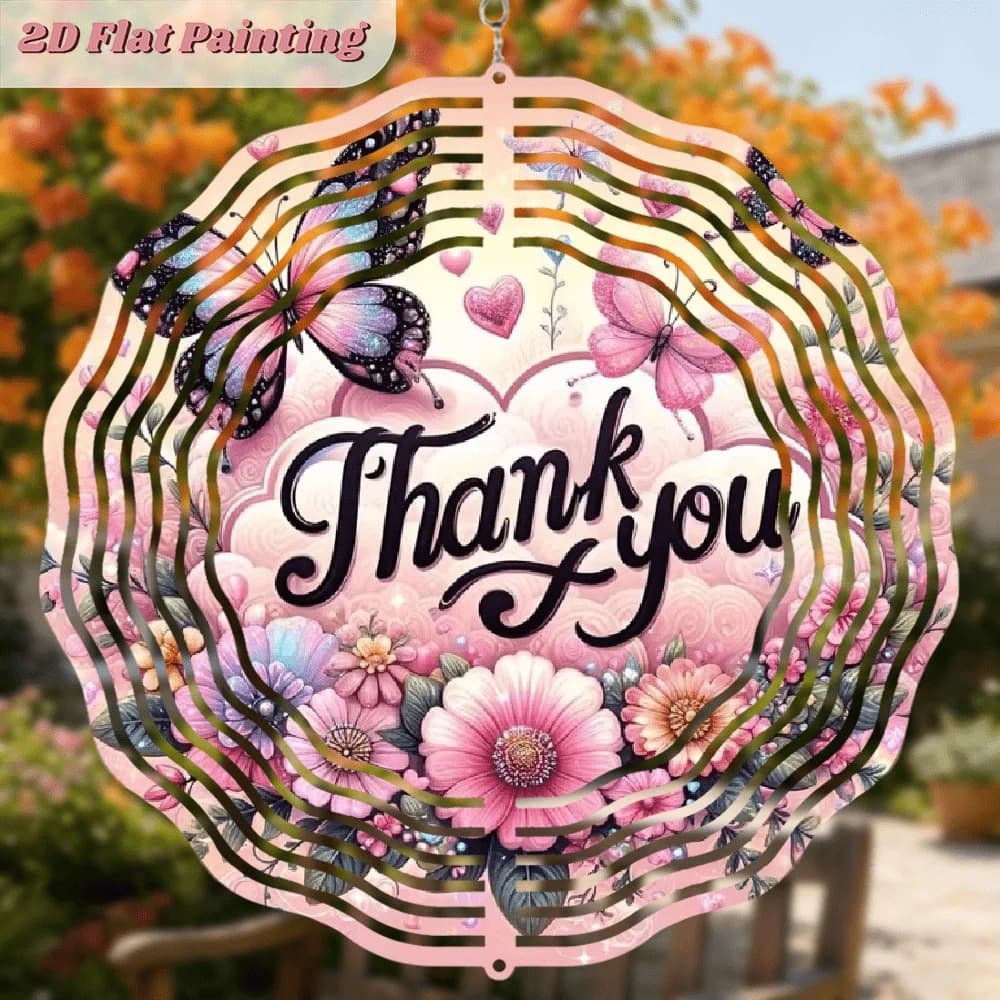 2D Flat Metal Rotating Wind Chime, Adorned with a "Pink Flower Butterfly" Pattern
