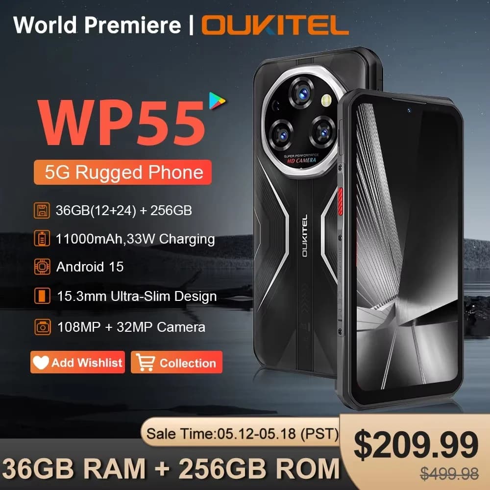OUKITEL WP55 Smartphone Rugged 5G versione globale con display FHD+ da 6,6", 36 GB (12+24) + 256 GB, batteria da 11000 mAh, fotocamera da 108 MP, Android 15, NFC