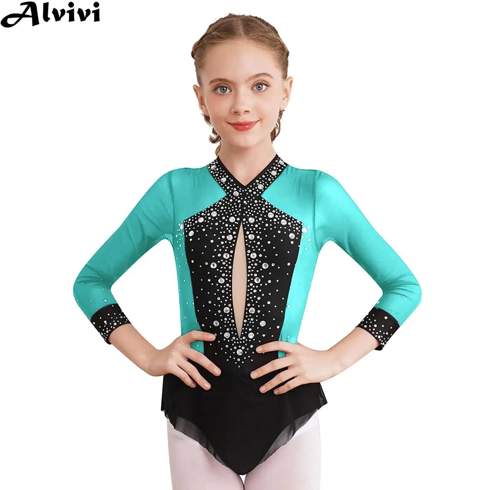6-16Y ragazze manica lunga figura pattinaggio su ghiaccio body ginnastica ritmica danza classica body lucido strass vestito a rete trasparente