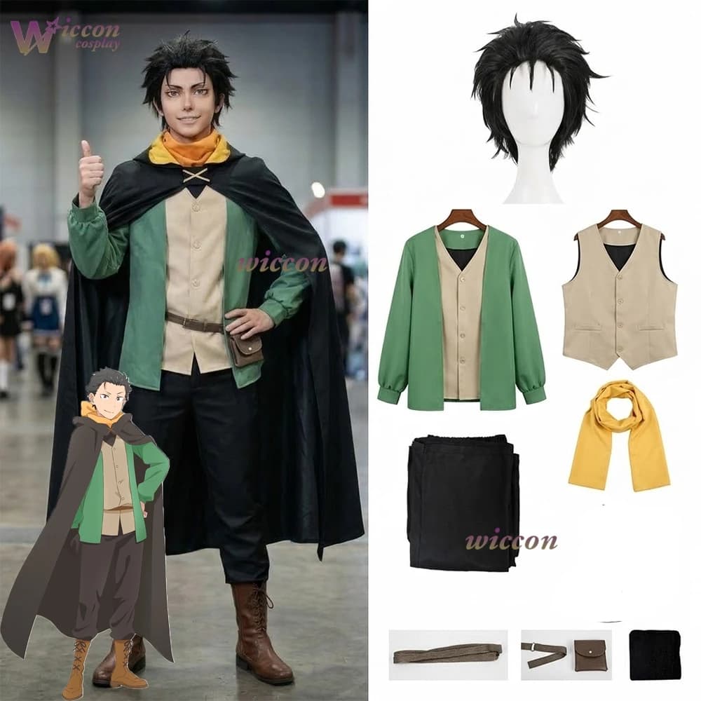 Costume Cosplay di Natsuki Subaru da Re:Zero - Vita in un altro mondo, mantello nero, gilet, t-shirt, pantaloni, sciarpa, guanti, outfit anime da uomo