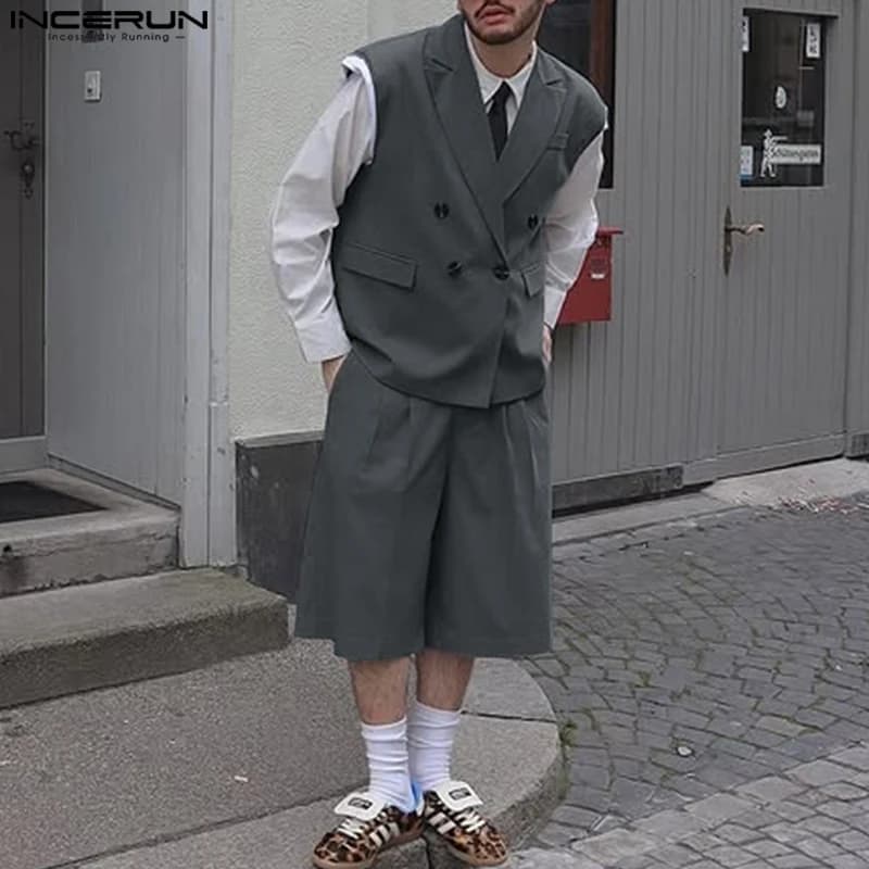 INCERUN 2025 Set stile americano Gilet senza maniche da uomo alla moda Pantaloncini Casual City Walk Abito doppio petto maschile 2 pezzi S-5XL