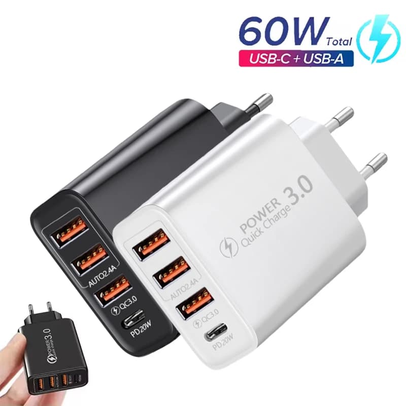 60W PD Fast Charging Charger USB Type C QC3.0 Phone Charger Wall Power Adapter Travel Charger for iPhone Xiaomi Samsung Huawei