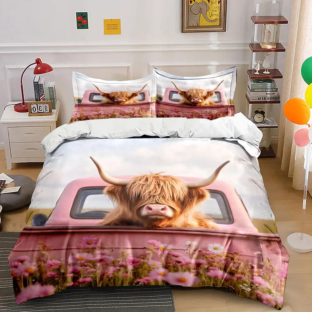 Set copripiumino con motivo camion rosa, mucca e campo di fiori, stampa digitale, biancheria da letto colorata in poliestere con chiusura a cerniera per regali