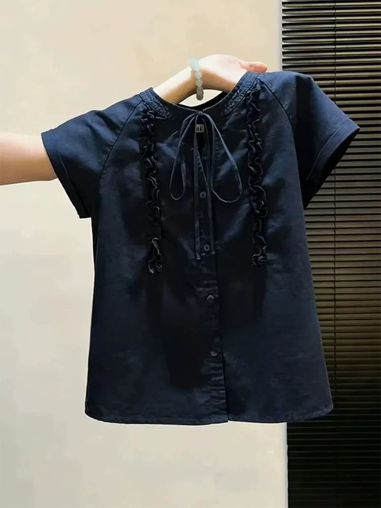 Loose Korean Style Women's Shirt Knot Short Sleeve round Neck Casual Breathable Fashionable Spring Autumn Top