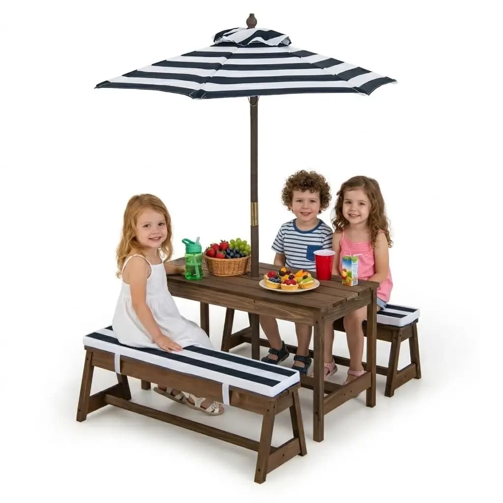 Set Tavolo e Sedie da Picnic per Bambini in Legno Regolabile in Altezza con Ombrellone e Cuscini, per Esterni, Giardino, Cortile, Regalo per Bambini dai 3 agli 8 Anni, Personalizzabile