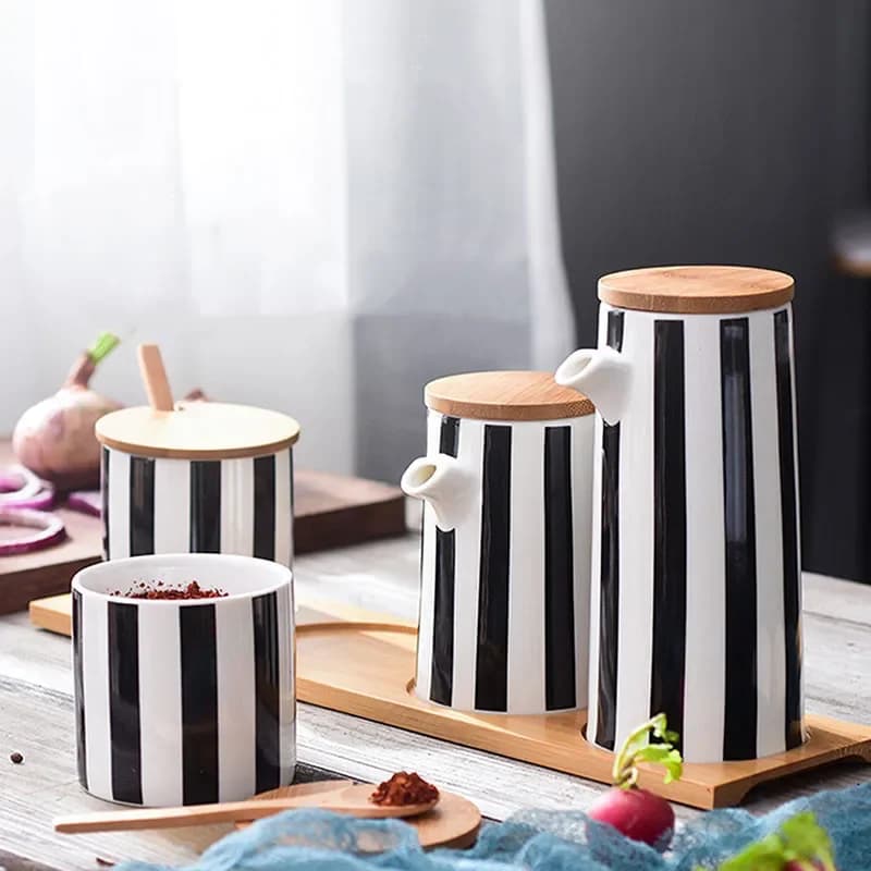 Nordic Ceramic Black and White Striped Spice Jar Set Salt Pepper Shaker Sugar Bowl Oil Soy Sauce Bottle Vinegar Pot Kitchen