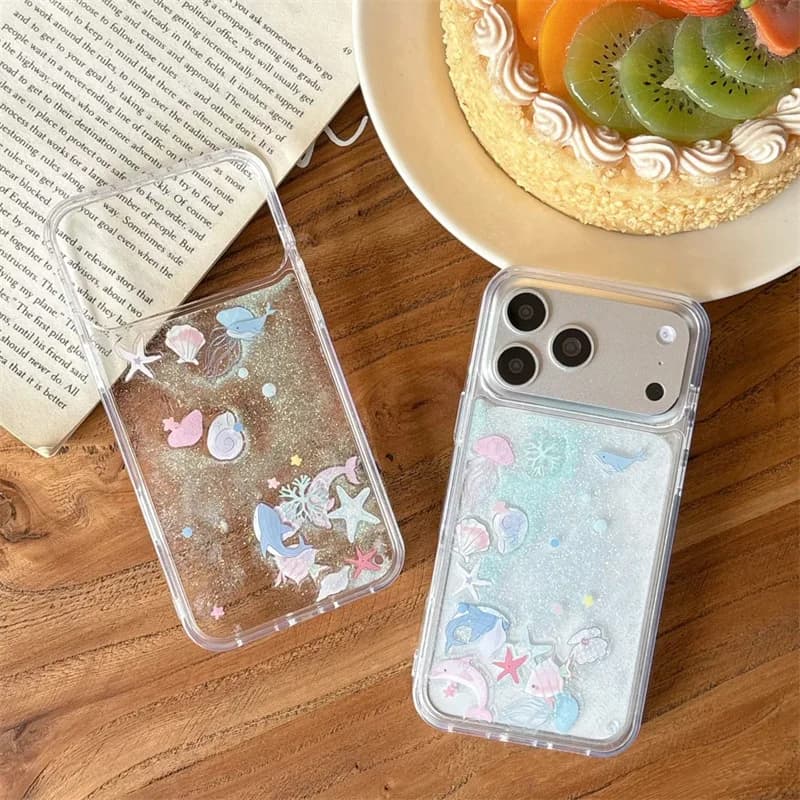 Custodia per iPhone 17 Pro Max 16 15 con Glitter Liquido e Sabbia Mobile, Cover Trasparente con Delfini e Balene Oceaniche in Movimento Dinamico