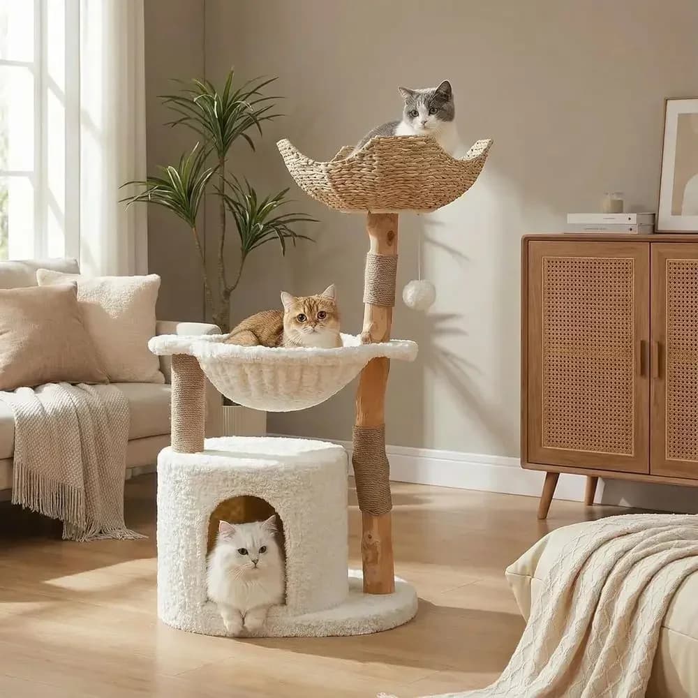 Large Cozy Cat Tree with Real Branch Furniture, Condo, Hammock, and Scratching Post for Indoor Cats