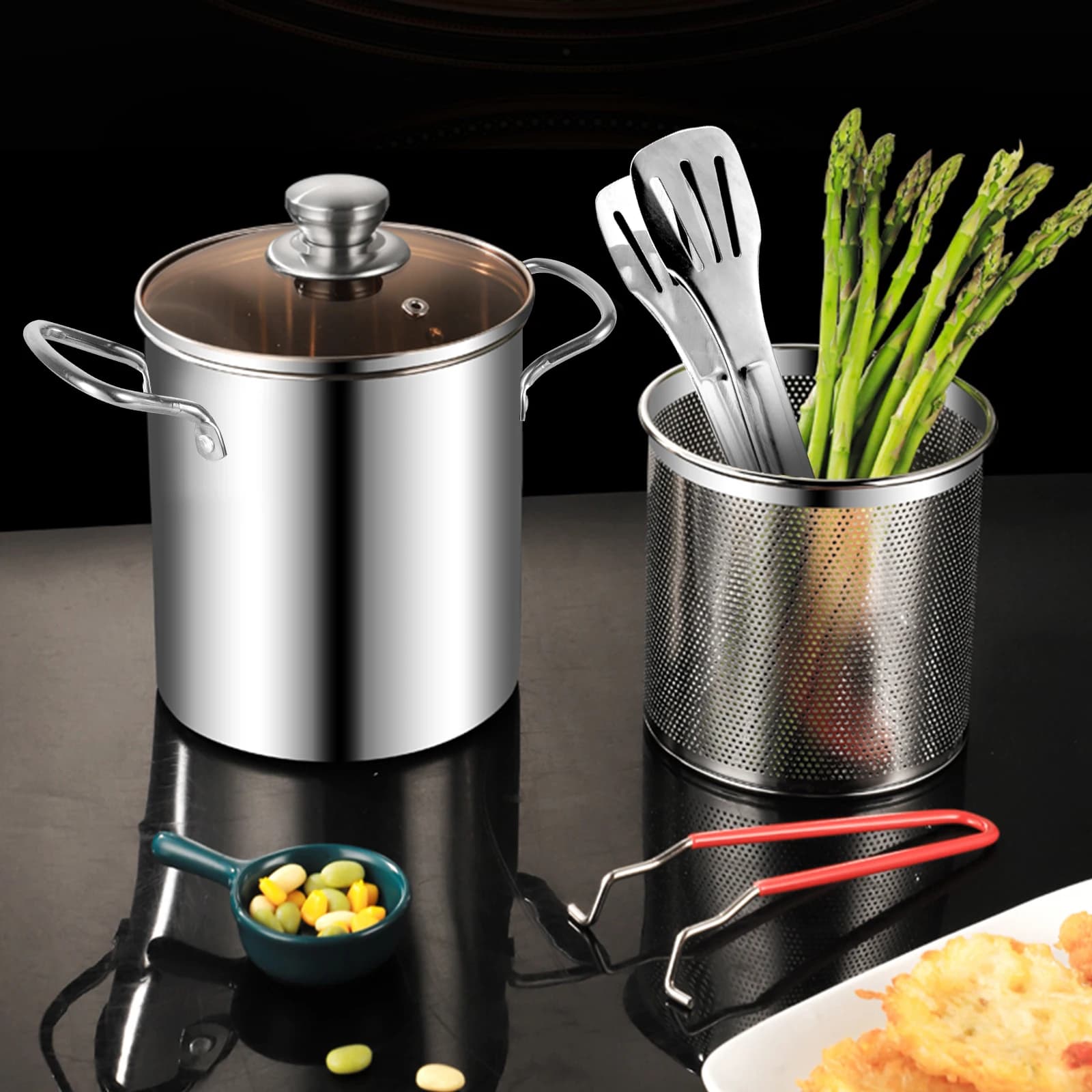 304 stainless steel frying pot with basket and lid Fryer for food use Multifunctional frying pot for frying