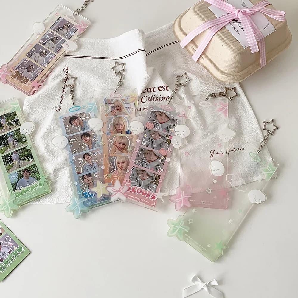 INS Fashion Transparent 4 Grid PVC Card Holder with Marine Stars Beautiful Angel wings Girl Idol Photo Frame Students' Backpack Pendant