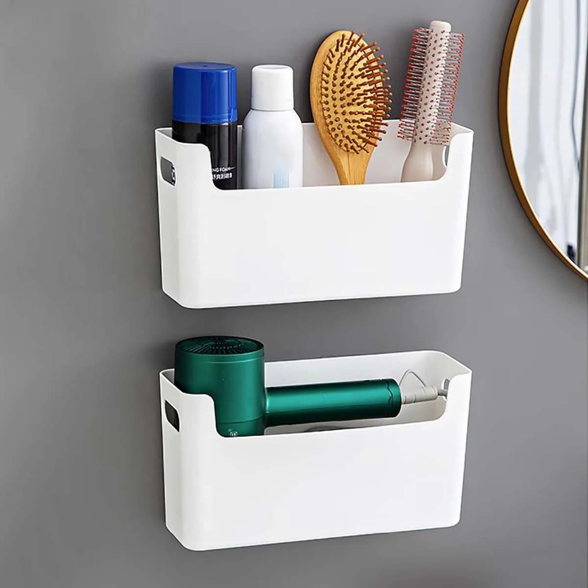 Wall Mounted Cosmetic Storage Rack Multi-functional Plastic Bathroom Shelf Hair Dryer Holder Bathroom Storage Organization