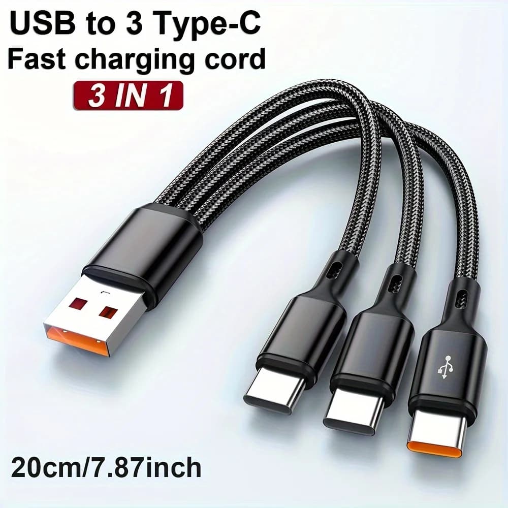 Cavo dati di ricarica rapida 3 in 1 da 100 W 6A da USB-A a 3 × tipo C per Samsung S24 Xiaomi Huawei Cavo di trasferimento dati USB C per telefono Android