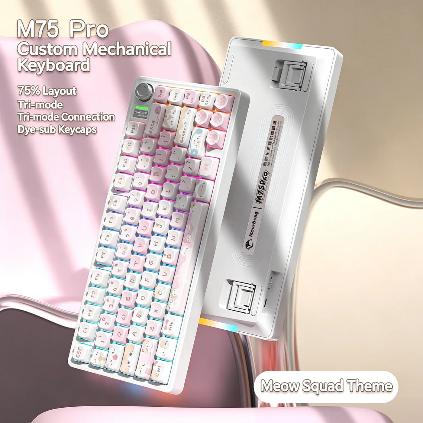 Tastiera Meccanica Wireless SUMREDA M75Pro Rosa Carina 75% 8000mAh Bluetooth 2.4G Cablata RGB Hotswap per Gamer con Manopola