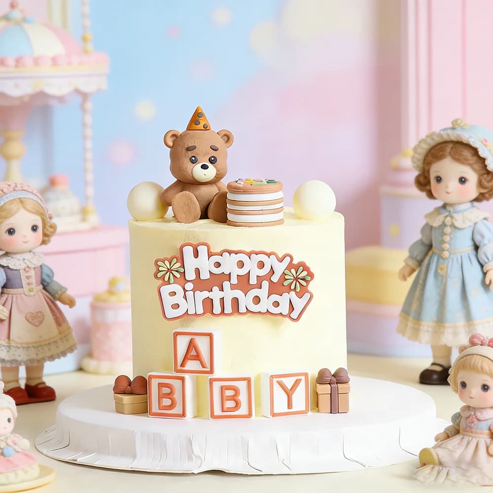 Cartoon Bear Cake Toppers Candle Blowing Gift Box Ball Ornaments Cute Figurines for Baby Shower Birthday Party Cake Table Decor