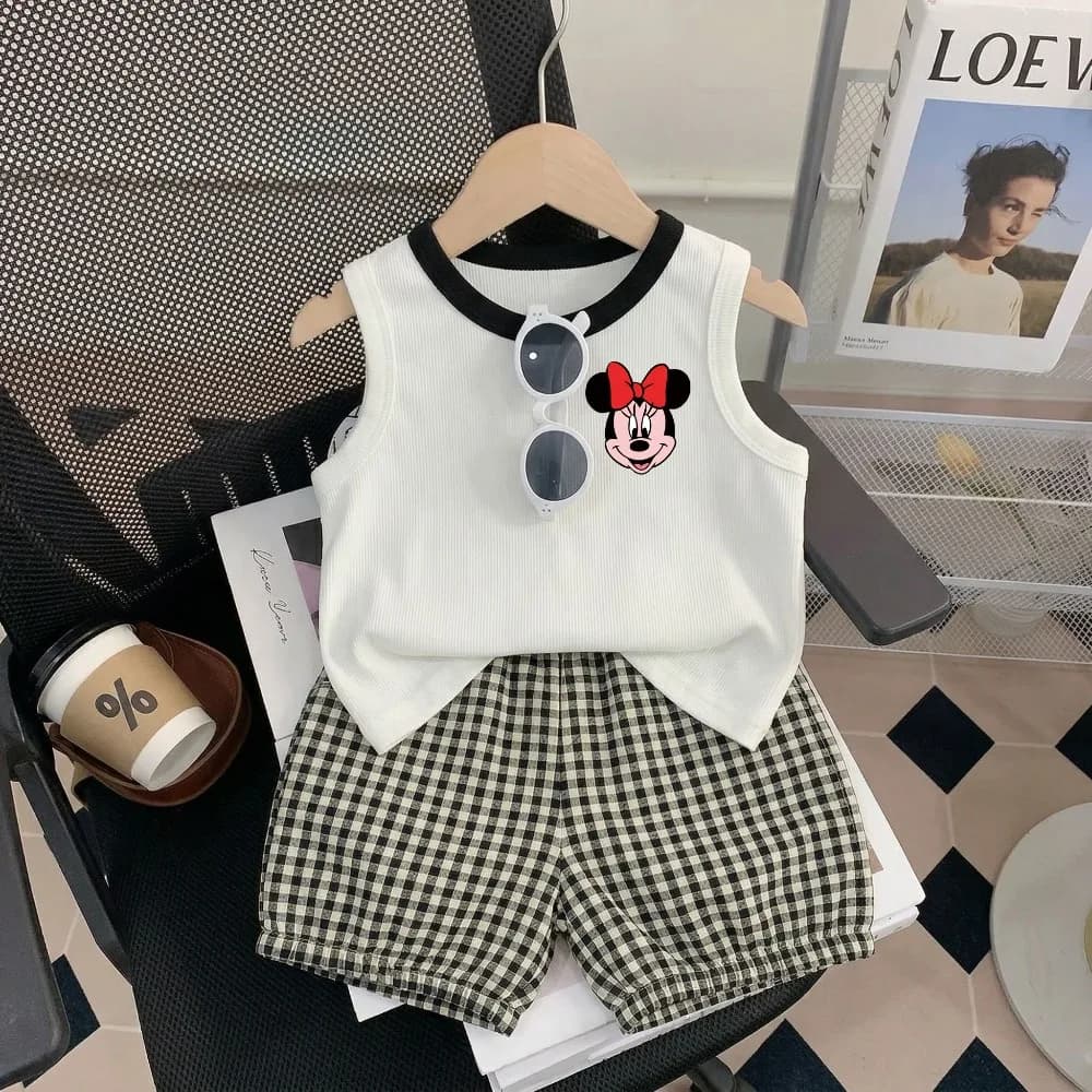 Completi Estivi Traspiranti per Bambini, Set Casual con Stampa Minnie, Pantaloncini a Quadri alla Moda per Ragazze, Top Senza Maniche e Pantaloncini, 2 Pezzi
