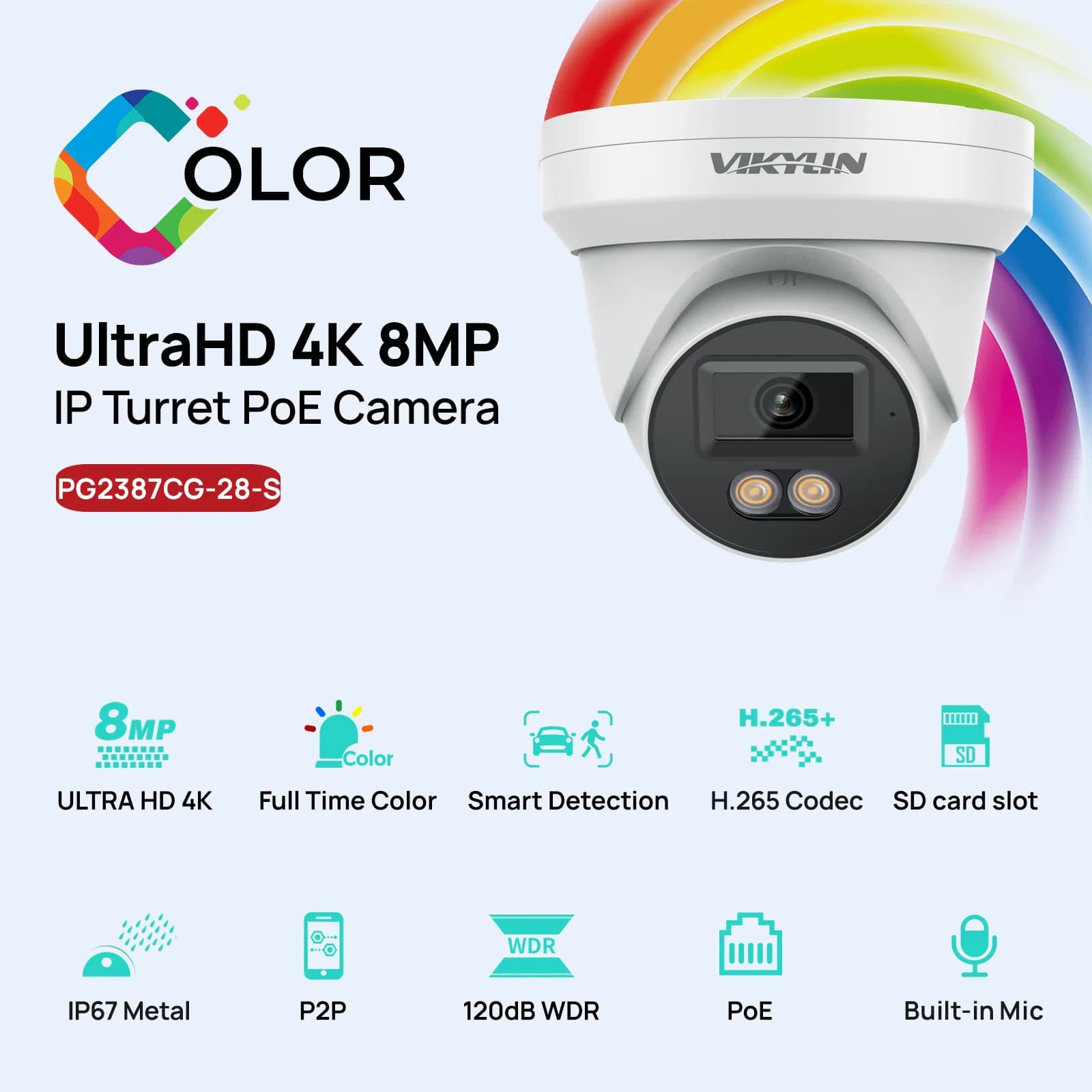 Telecamera di Sicurezza IP VIKYLIN 8MP HD a Colori con Visione Notturna, PoE con Microfono, Telecamera Fissa 4K, Rilevamento Umano e Veicoli, Supporto Archiviazione SD, ONVIF, IP67, ColorVu